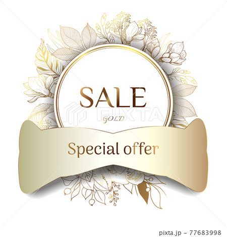 Gold frame. 3d paper cut summer season sale offer banner template. Leaves and flowers from golden threads. Female sale tag. Shop market poster design.Vector illustration. Place for an inscription. Gold frame. 3d paper cut summer season sale offer banner template. Leaves and flowers from golden threads. Female sale tag. Shop market poster design.Vector illustration. Place for an inscription. 77683998