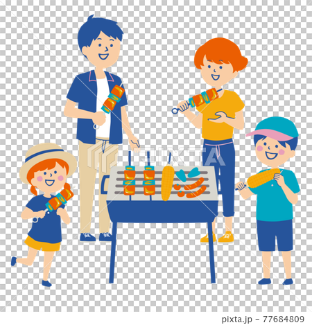 バーベキューをしている家族のイラストのイラスト素材