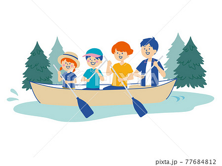 湖でカヌーを漕ぐ家族のイラストのイラスト素材