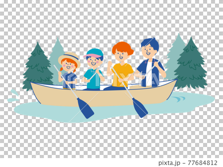 湖でカヌーを漕ぐ家族のイラスト 77684812