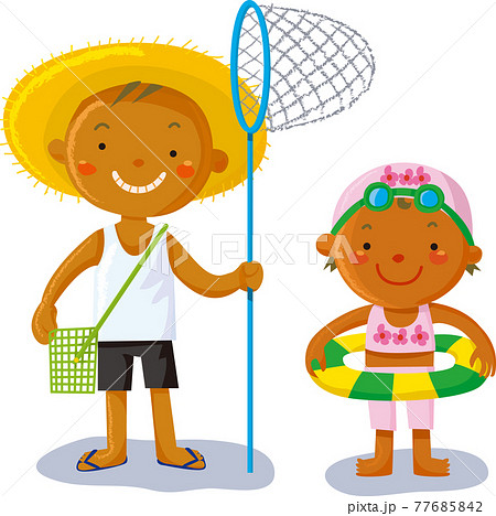 夏の日の子供 昆虫採集と水遊びのイラスト素材