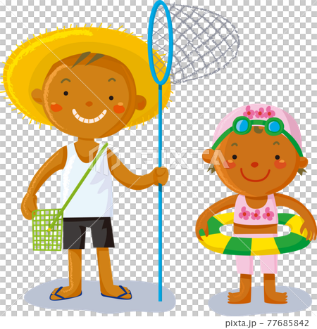 夏の日の子供 昆虫採集と水遊びのイラスト素材 夏の日の子供 昆虫採集と水遊びのイラスト素材
