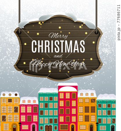 Merry Christmas and Happy New Year Card with Little Town in retro Style. Vector Illustration 77686711