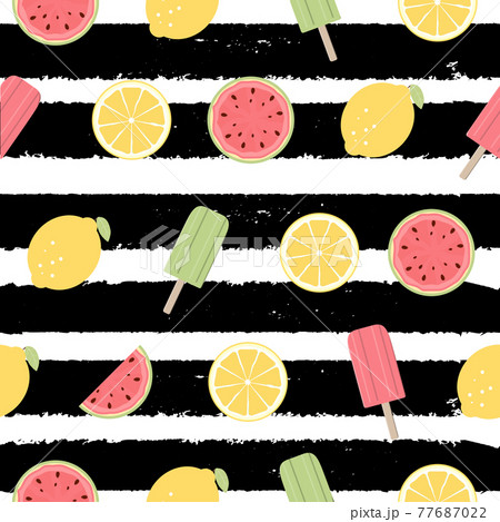 Seamless Pattern with Lemon, Watermelon Fruits and Ice Cream. Vector Illustration 77687022