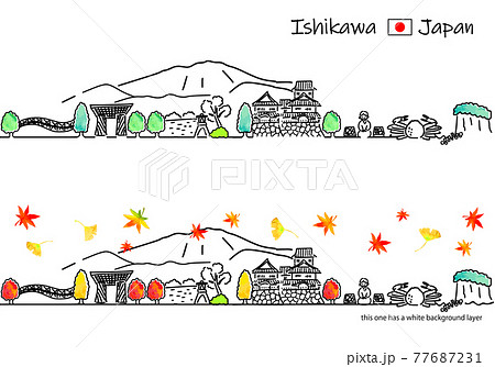 秋の石川県の街並みシンプル線画セット 77687231