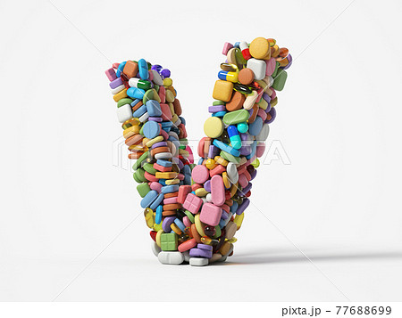 different pills stack in shape of letter V. 3D illustration different pills stack in shape of letter V. 3D illustration 77688699