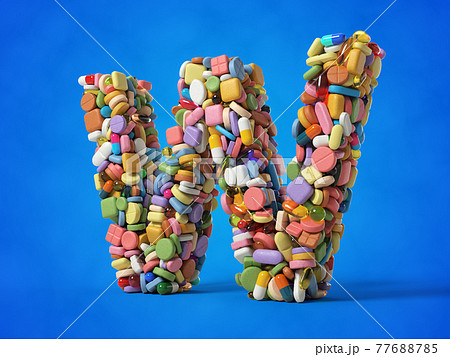 different pills stack in shape of letter W. 3D illustration with blue background. different pills stack in shape of letter W. 3D illustration with blue background. 77688785