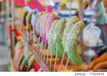 お祭り 出店 飴 飴菓子 和菓子 屋台 縁日の写真素材