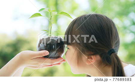 植物を見る親子 環境保護イメージ 植物を見る親子 環境保護イメージ 77689383