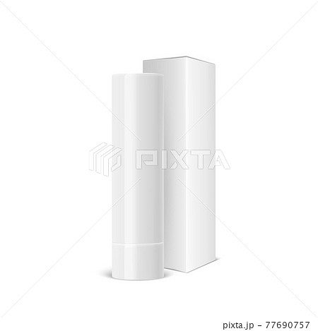 Vector Realistic 3d White Blank Closed Lip Balm Stick, Hygienic Lipstick and Carton Packing Set Isolated. Design Template for Graphics, Vector Mockup. Cosmetic, Beauty, Makeup Concept. Front View 77690757
