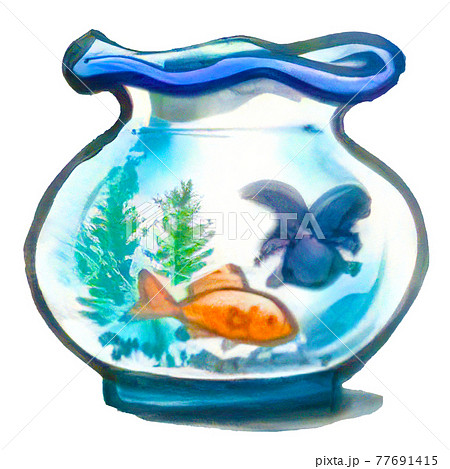 手描き風のシンプルな金魚鉢の中で泳いでいる金魚のイラストのイラスト 