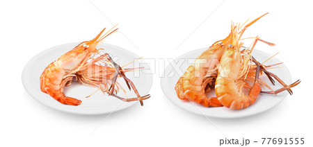 Boiled shrimp in plate on white background Boiled shrimp in plate on white background 77691555