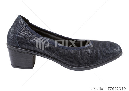 beautiful women's blue shoes made of modern shiny fabric, imitation of reptile skin, with heels, on a white background 77692359