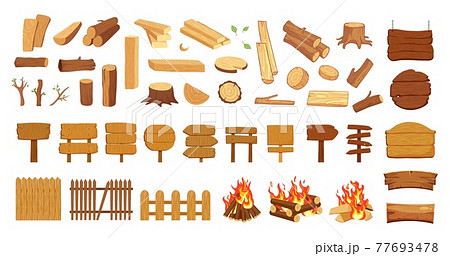 Old wood collection. Timber, logs pine tree elements. Isolated wooden signs, blanks and street road sign. Cartoon boards planks, village fence and camp fire vector set Old wood collection. Timber, logs pine tree elements. Isolated wooden signs, blanks and street road sign. Cartoon boards planks, village fence and camp fire vector set 77693478