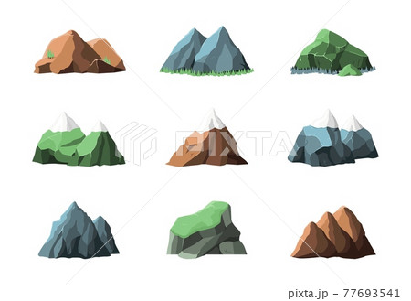 Mountain elements. Snow mountains, outdoor summer landscape. Climbing graphic, rocky hiking map icon. Flat mount hill recent vector silhouettes 77693541