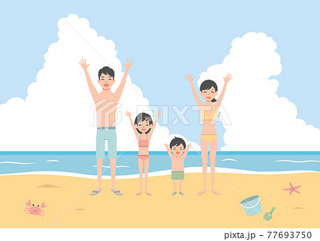 イラスト素材 水着を着た家族 夏休み 海 ビーチのイラスト素材