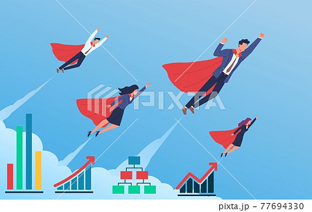 Business superheroes progress. Flying in blue sky men and women in flowing capes and suits, growth graphs on background, Successful teamwork. Vector cartoon concept 77694330