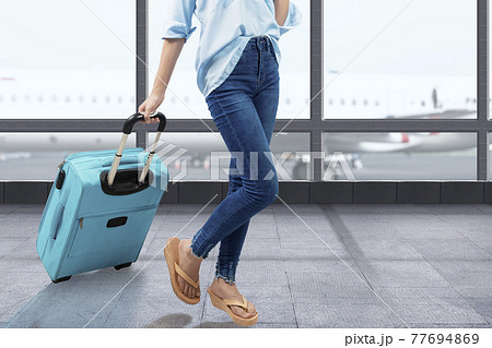 The woman walking with a suitcase The woman walking with a suitcase 77694869