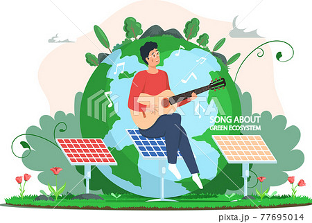 Man is playing guitar sitting on solar panel. Guy singing songs about green ecosystem of planet Man is playing guitar sitting on solar panel. Guy singing songs about green ecosystem of planet 77695014