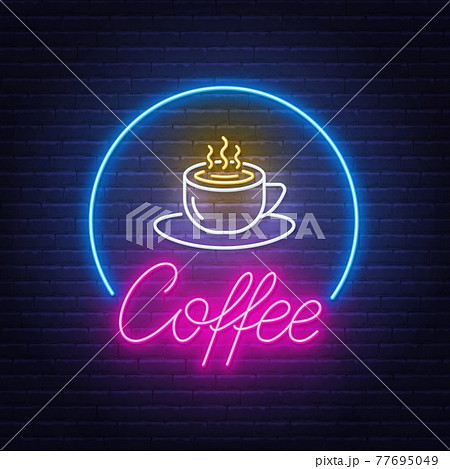 Coffee neon sign on brick wall background. 77695049