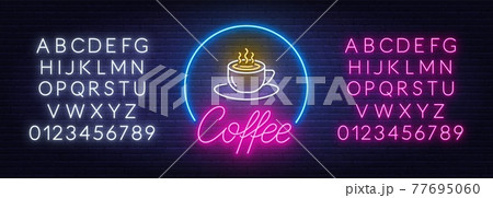 Coffee neon sign on brick wall background. 77695060