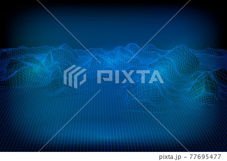 Abstract vector wireframe landscape background. 3D futuristic mesh mountains. 80s Retro illustration. Cyberspace technology valleys. 77695477