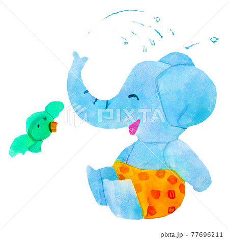 水遊びする鳥と象のシンプルな水彩風のイラストのイラスト素材