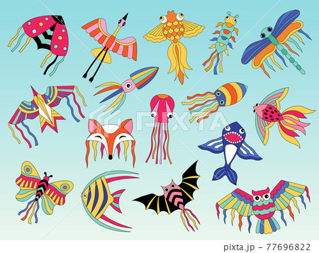 Kites animals. Flying colored kites for happy kids air attractions outdoor recent vector flat pictures Kites animals. Flying colored kites for happy kids air attractions outdoor recent vector flat pictures 77696822
