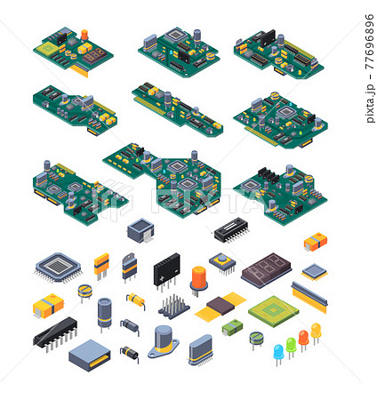 Microchip hardware. Manufacturing computer power green motherboards with small chip for electronic devices garish vector isometric illustrations 77696896