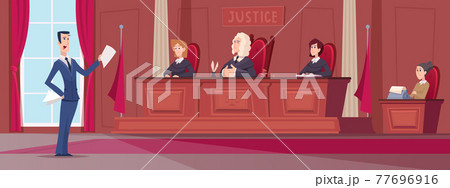 Courtroom. Judges in uniform sitting at court lawyers workers at table exact vector cartoon background 77696916