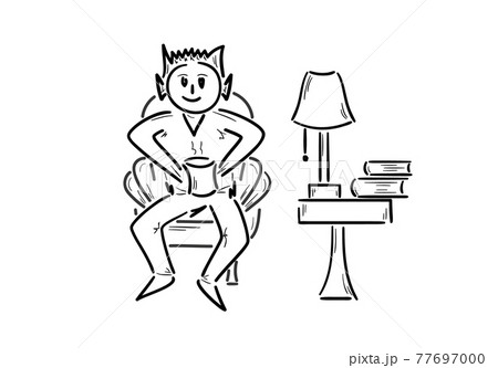 Man sitting in the chair with drink of hot tea. 77697000