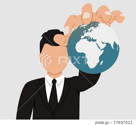 The concept of world domination. A businessman holds the planet Earth in his hands. The faceless man controls the population of the Earth. The concept of world domination. A businessman holds the planet Earth in his hands. The faceless man controls the population of the Earth. 77697022