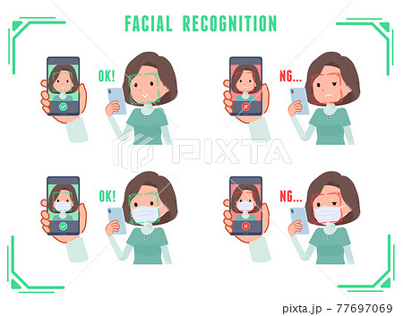 スマホで顔認証をしているチュニック中年女性のセットのイラスト素材