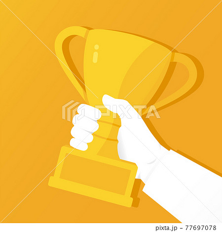 The hand holds a golden trophy cup. Award winner. Vector illustration in flat style. The champion holds the award for the winning. First place. The hand holds a golden trophy cup. Award winner. Vector illustration in flat style. The champion holds the award for the winning. First place. 77697078