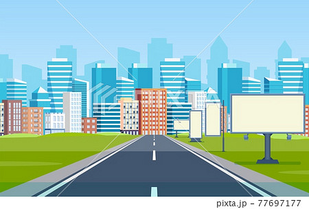 Road way to city buildings on horizon 77697177