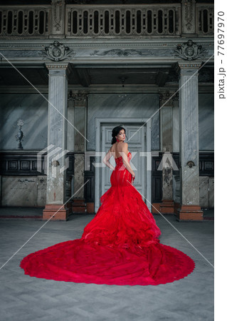 Woman Vintage Red Dress Old Castle Beautiful Princess In Seductive Dress 77697970