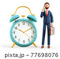3D illustration of man talking on the phone and standing next to a huge vintage alarm clock.  77698076