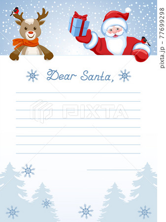 Layout letter to Santa Claus with inscription "Dear Santa" and cartoon funny deer reindeer with Santa Claus with Christmas gift box and with bullfinch 77699298