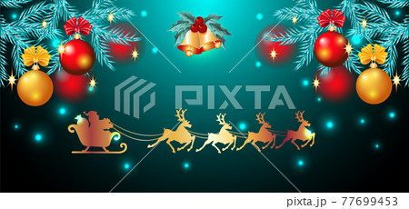 Christmas card with golden ringing bells and spruce with balls and reindeer team with Santa Claus in sledge in starry sky 77699453