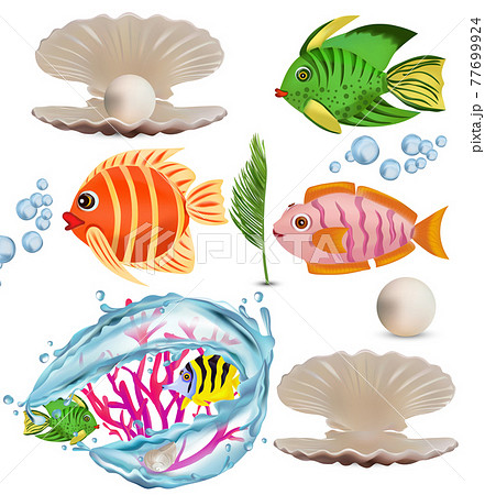 Funny Tropicals Colorful Fish Seaweed Corals のイラスト素材
