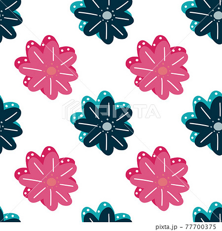 Summer isolated seamless pattern with navy blue and pink chamomile flowers print. White background. 77700375