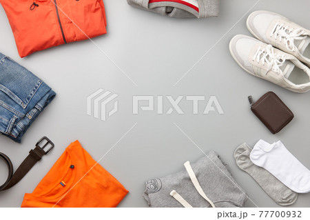 Mens casual clothing outfits and accessories flat lay Mens casual clothing outfits and accessories flat lay 77700932