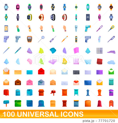 100 universal icons set, cartoon style 77701720