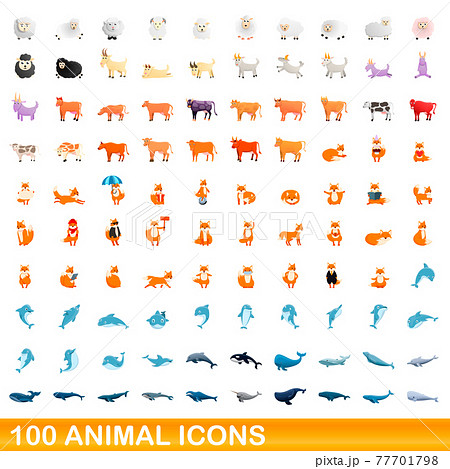 100 animal icons set, cartoon style 77701798