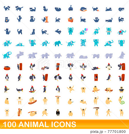 100 animal icons set, cartoon style 77701800