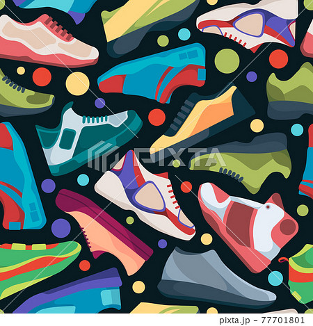 Sneakers pattern. Textile design with athletic streetwear sneakers for sport runners garish vector seamless background 77701801