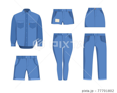 Denim clothes. Jeans textile pants jackets outfit fashion for male and female casually teenage clothes with labels garish vector illustrations set isolated 77701802