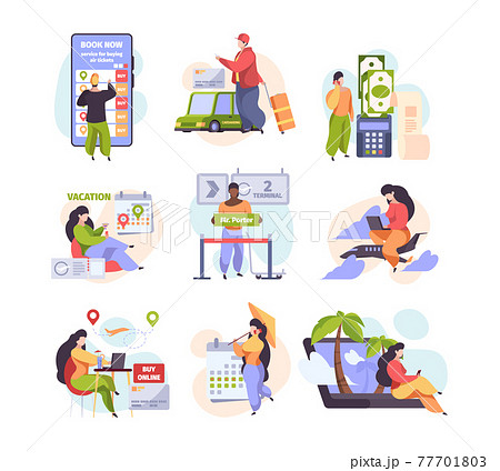 Online booking service. Smart travellers buy fly ticket internet purchase travel hotel services car sharing garish vector flat pictures set 77701803