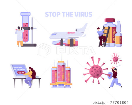 Covid vaccination. Pharmaceutical collection antibiotics drugs insulin healthcare concept garish vector illustrations for medicine design projects 77701804