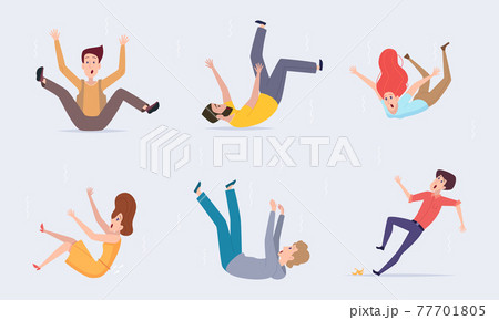 Falling people. Healthcare problems persons falling from stairs wet floor injured persons bad trip exact vector colored characters isolated 77701805